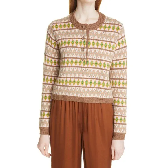 La Ligne Fair Isle Merino Wool Tan Henley Crewneck Pullover Sweater Size XL - Image 11
