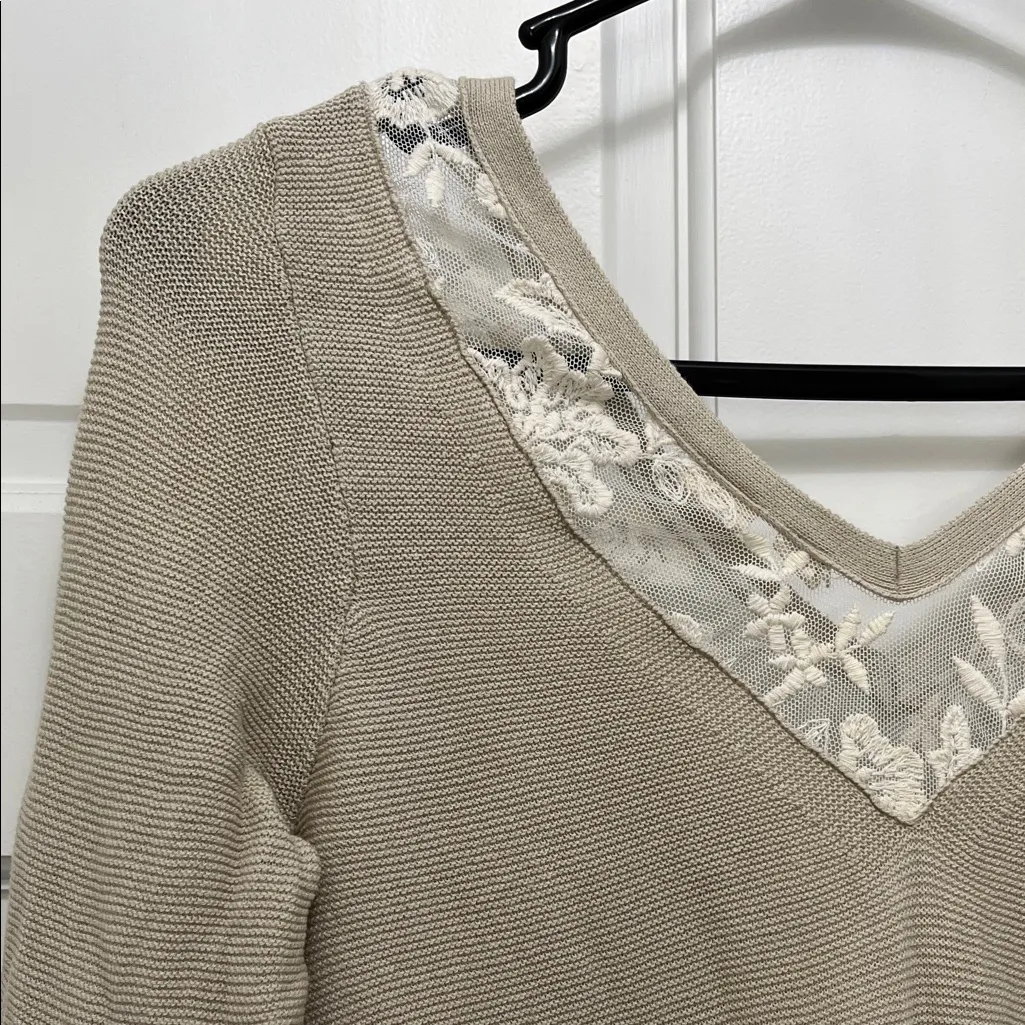 Moth 100% Cotton Cream Knit Sweater w/ Lace V Neck Trim Detailing - Image 8