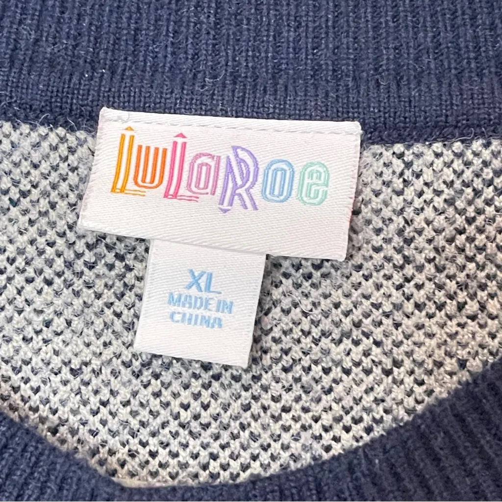 LULA ROE Navy & Gray Checkered Balloon Sleeve Crewneck Sweater, XL - Image 7