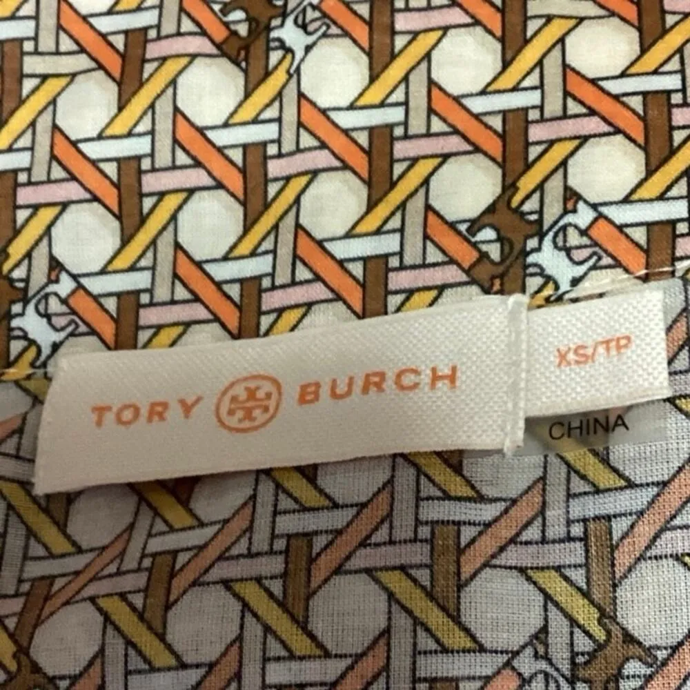 Tory Burch Multi Geometric Basket Weave Print Voile Tassel V-Neck Tunic Top XS - Image 4