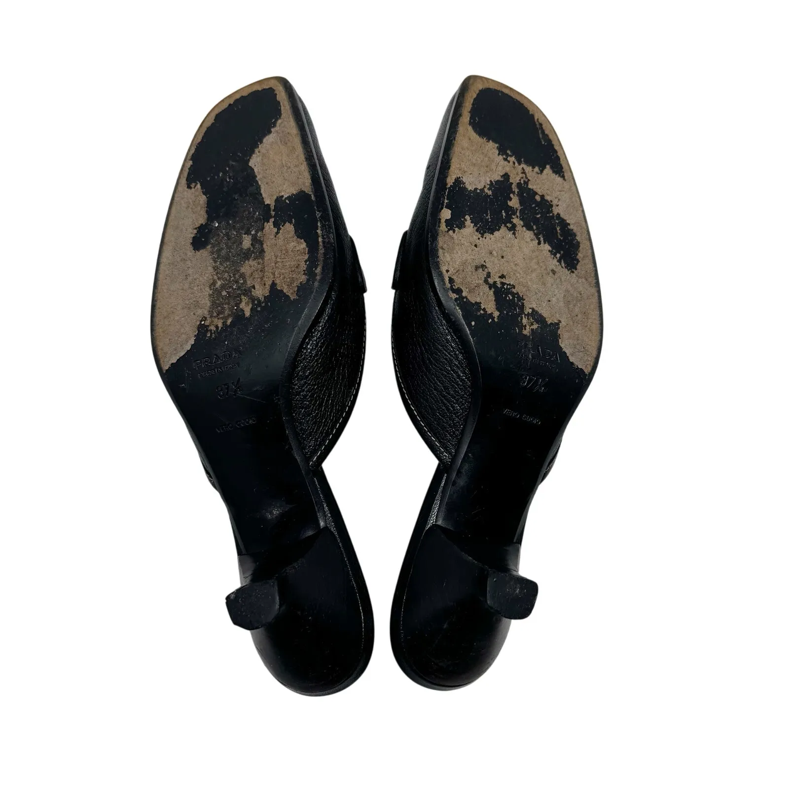 Prada Black Leather Buckle Mule Heels 37.5 Vintage Slip-On Kitten Heel Sandals - Image 5