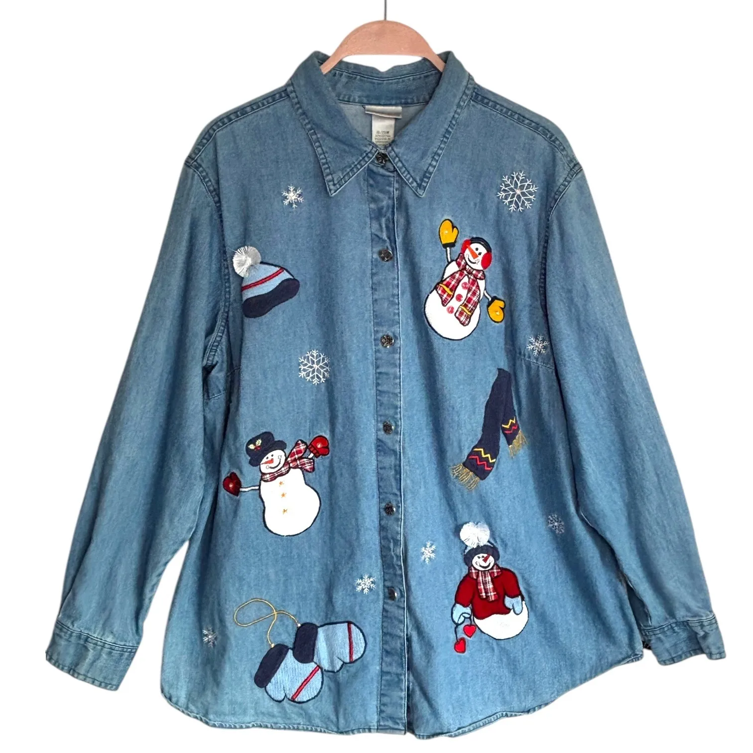 Vintage Womens Denim Shirt 18/20W Snowman Embroidered Christmas Button Front Y2K - Image 2