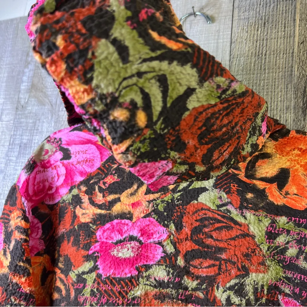 Analogy XL Floral Crinkle Gauze Zippered Front Drawstring Floral Hoodie Jacket Pink - Image 10