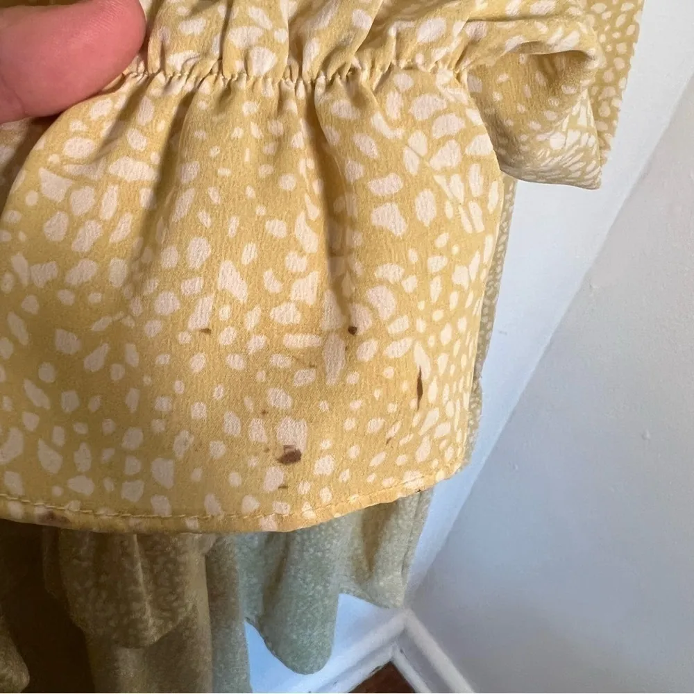 Pinch Ruffle Dress Yellow White Geometric Dots Size L - Image 13