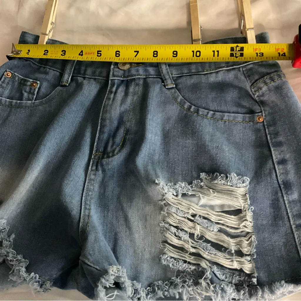 Jeans High Waist Distressed Denim Shorts S Festival Summer Boho Classic Rave Blue - Image 8