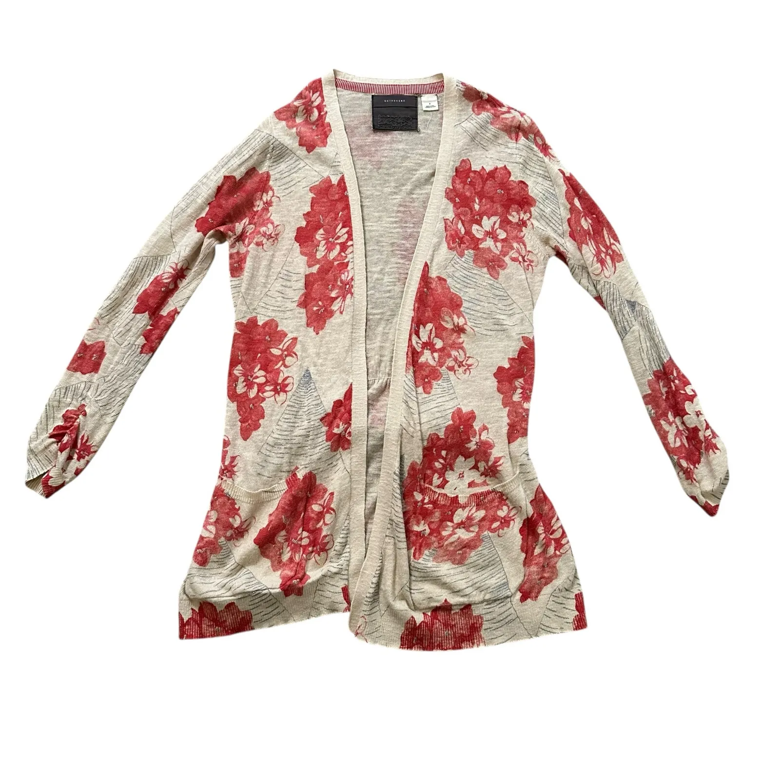 Guinevere Anthropologie cream & pink floral knit open front cardigan sweater, S - Image 11