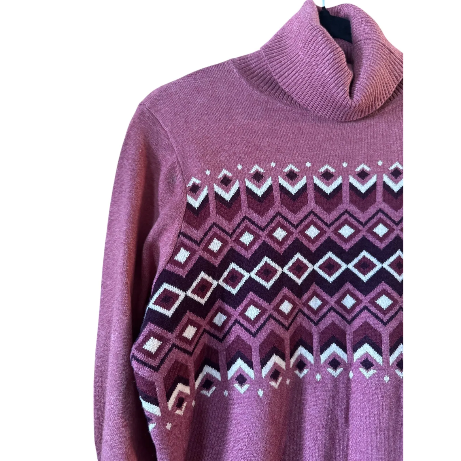 L.L Bean Fair Isle Turtleneck Sweater Cotton/Cashmere Cozy Cabin ski Purple Size M - Image 2