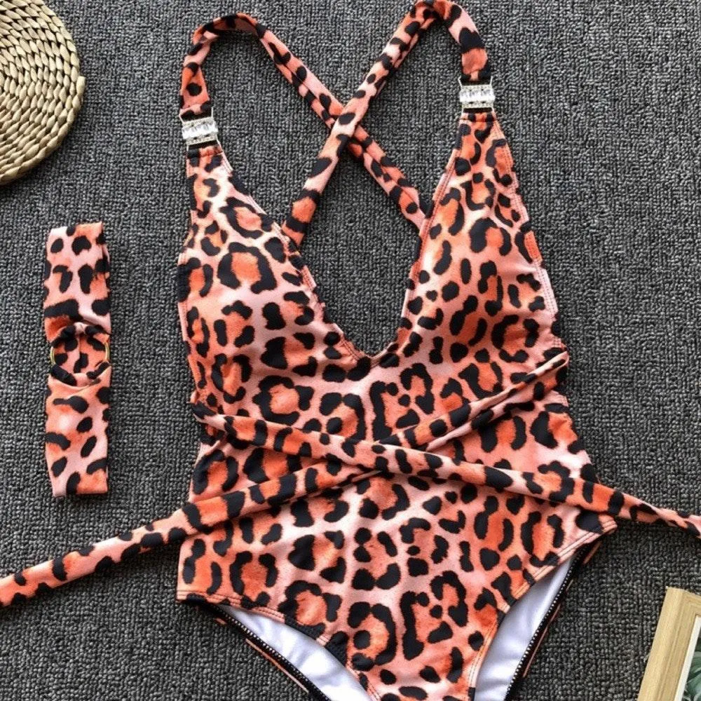 1632 Clearance vintage style cheetah shoulder bling monokini - Image 2
