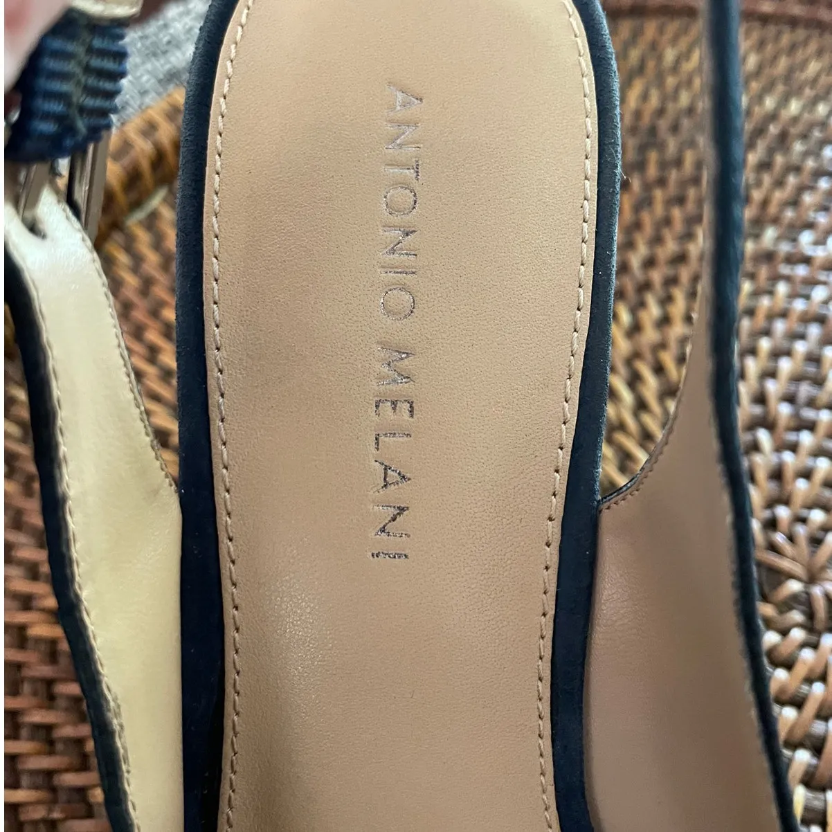 Antonio Melani Wedge Sandals Leather Navy Suede Womens 10 M Shoes Peep Toe - Image 6