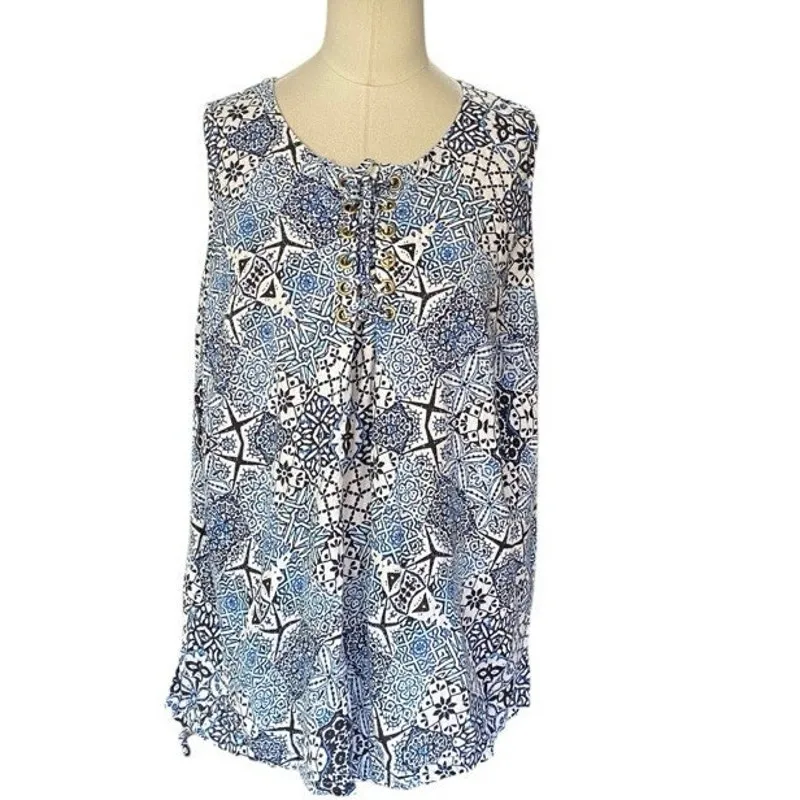 Jessica London Blue Linen Sleeveless Tunic Blouse Lace Up Detail size PLUS 16W - Image 2