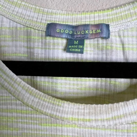 Good Luck Gem Striped Puff Sleeve Top Ribbed Knit Tee Chartreuse White M - Image 2