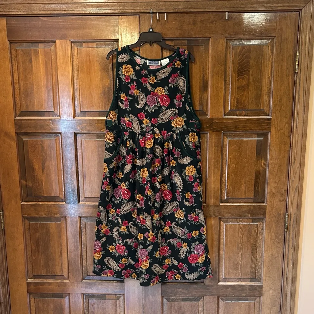 Erika Classics Vintage Y2K Floral Paisley Green Corduroy Smock Jumper Dress XL - Image 3