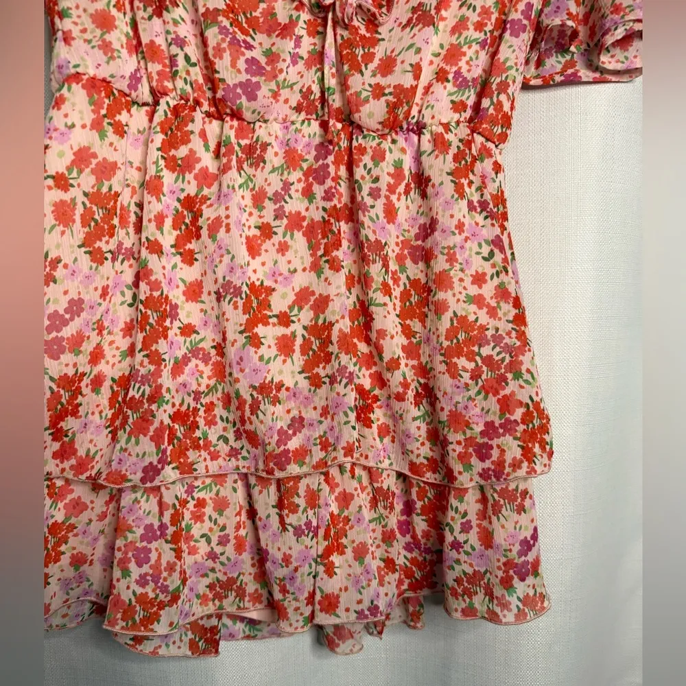 Zara Red and Pink Floral Ruffle Flutter Romper Medium - Image 7