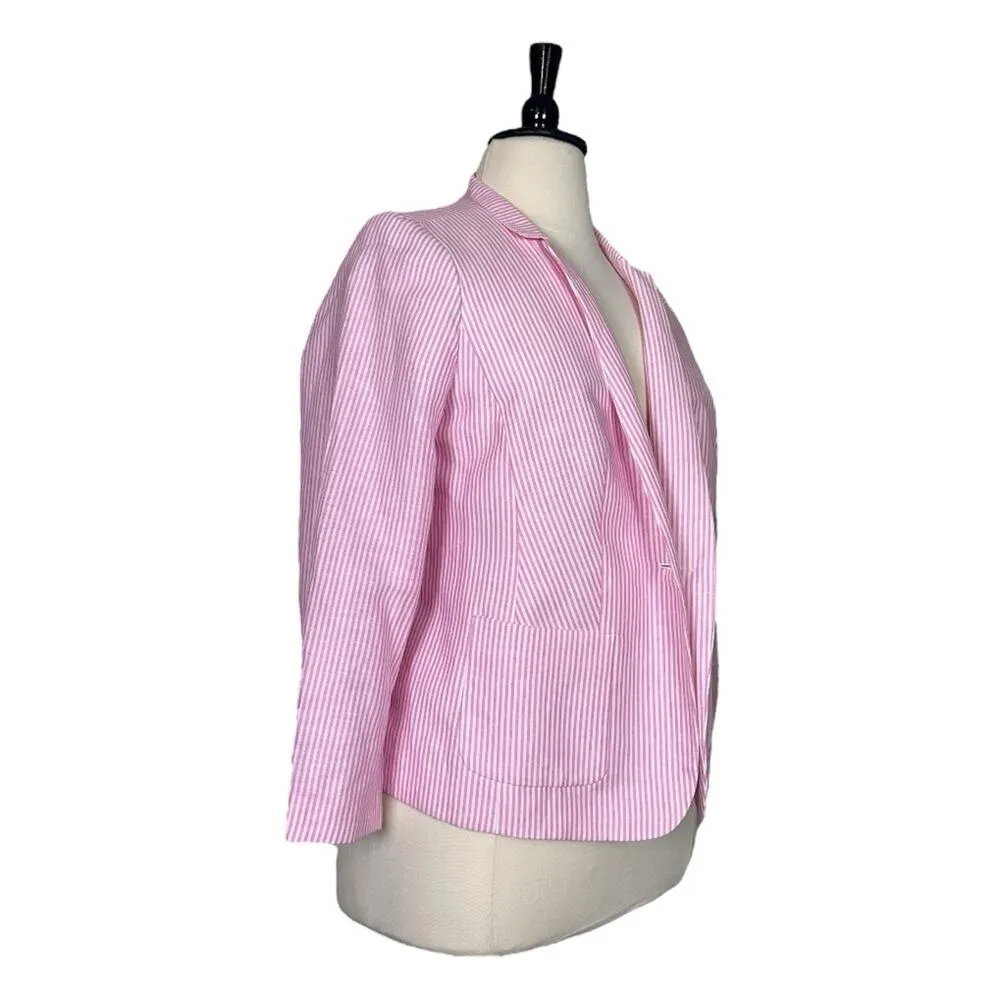 Talbots Blazer Notch Lapel Seersucker Pockets Pink White Stripes Women’s 14WP - Image 2