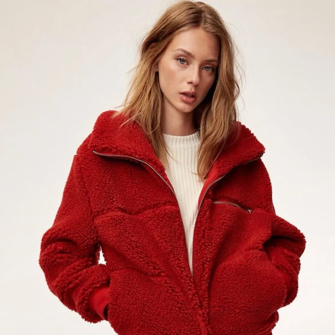 Wilfred Free Aritzia The Teddy Oversized Full Zip Jacket Red Size Medium - Image 7