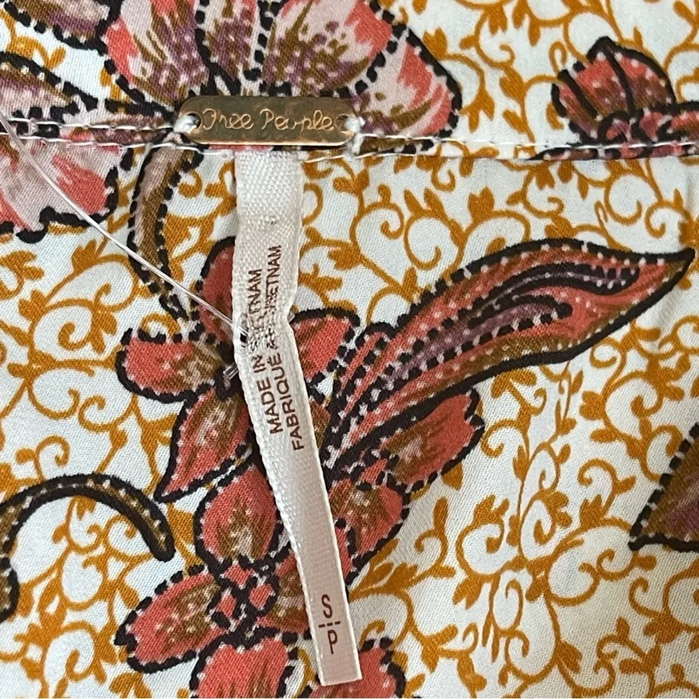 Free People I Got You Printed Long Sleeve Crop Top brown white Sz S - Image 13