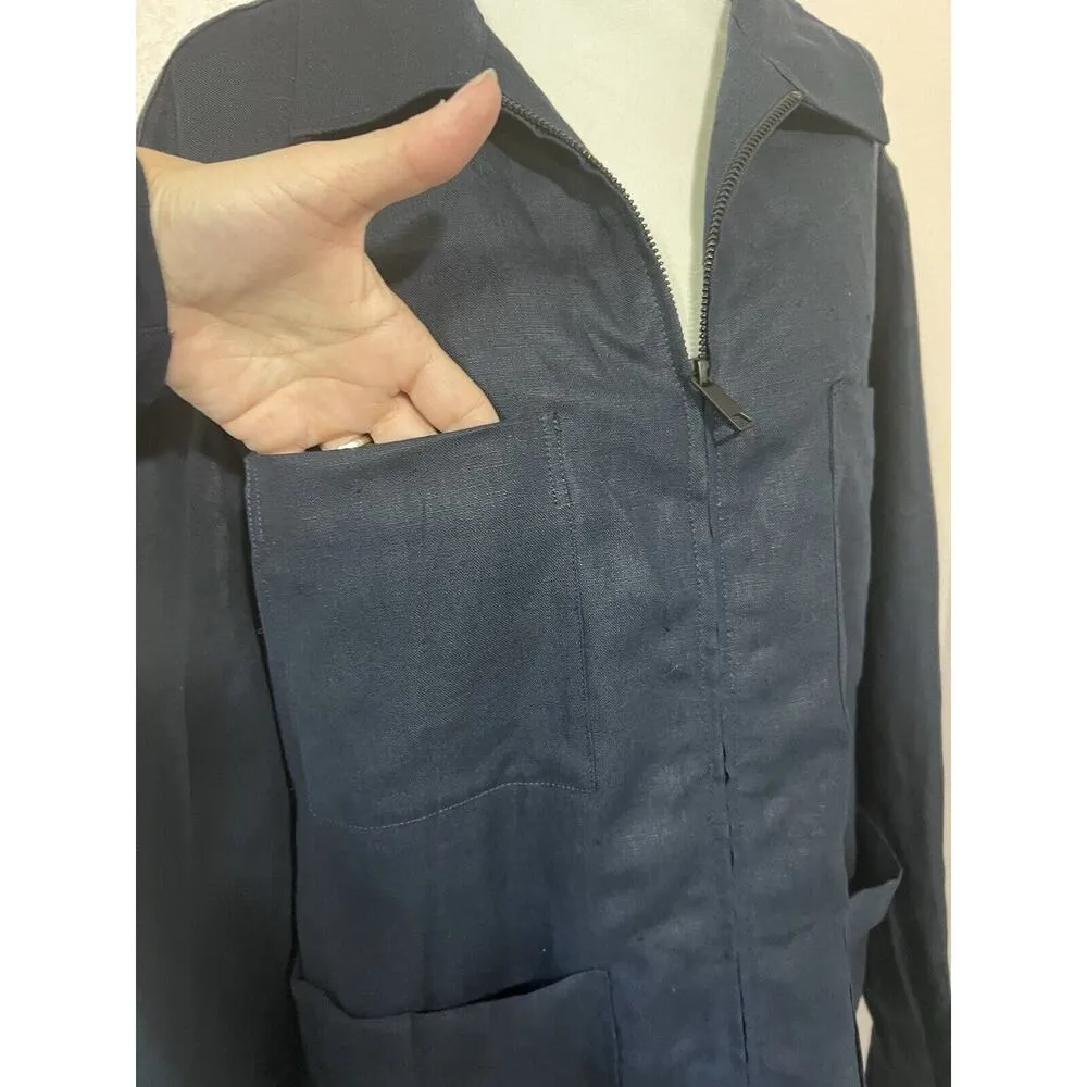 Massimo Dutti Navy Blue Linen Longsleeve Jacket Sz M Oversized Lagenlook Pocket - Image 5