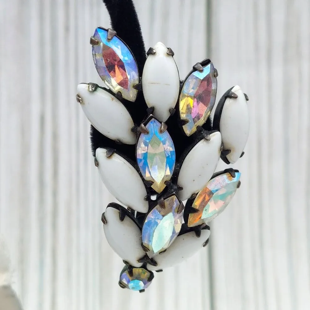 La Roco VINTAGE Milk Glass & AB Navette Crystal Clip On Earrings Large Climbers White - Image 7