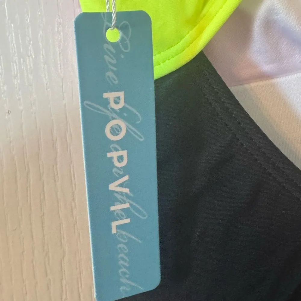 Popvil One Piece Swimsuit Tummy Control Neon Color Block Tie Back Small S NWT Pink - Image 6