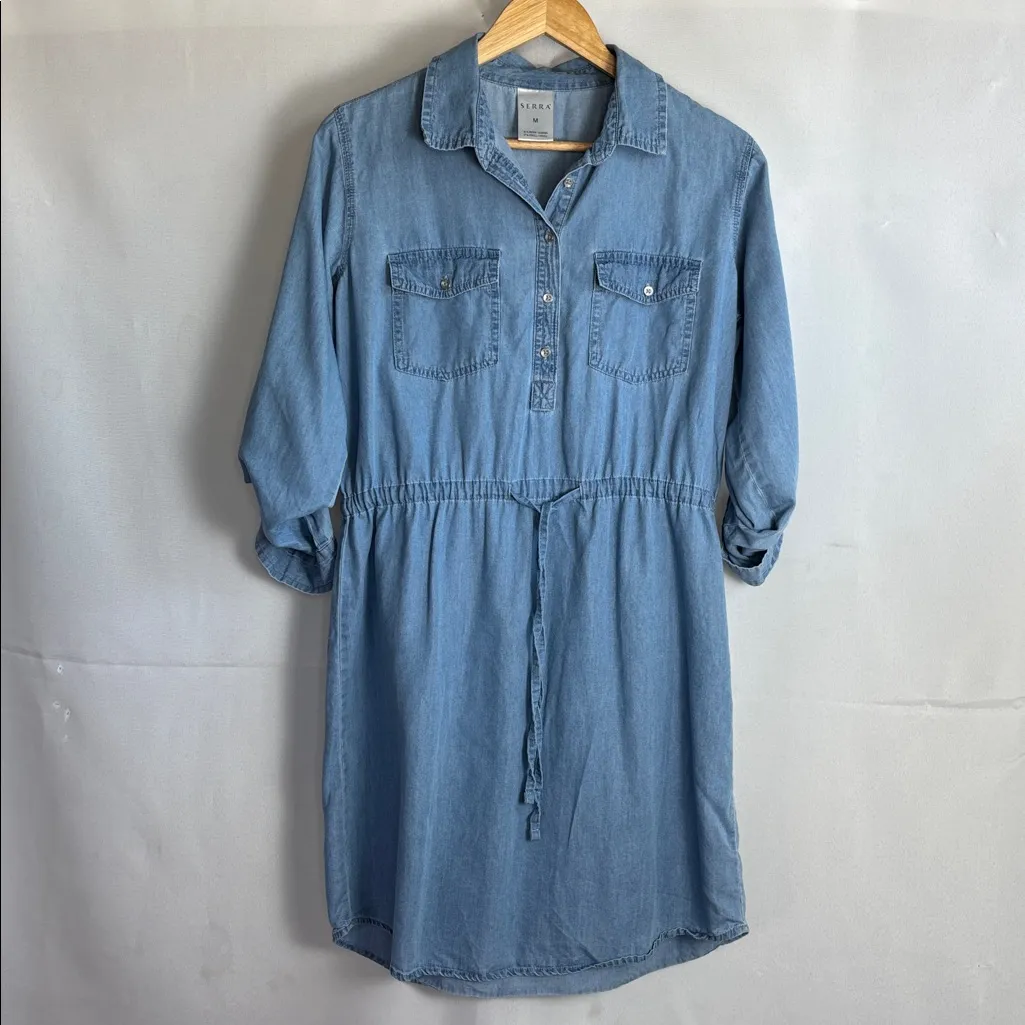 Serra Long Sleeve Denim Dress Chambray Size M  Roll Tab Sleeve - Image 2