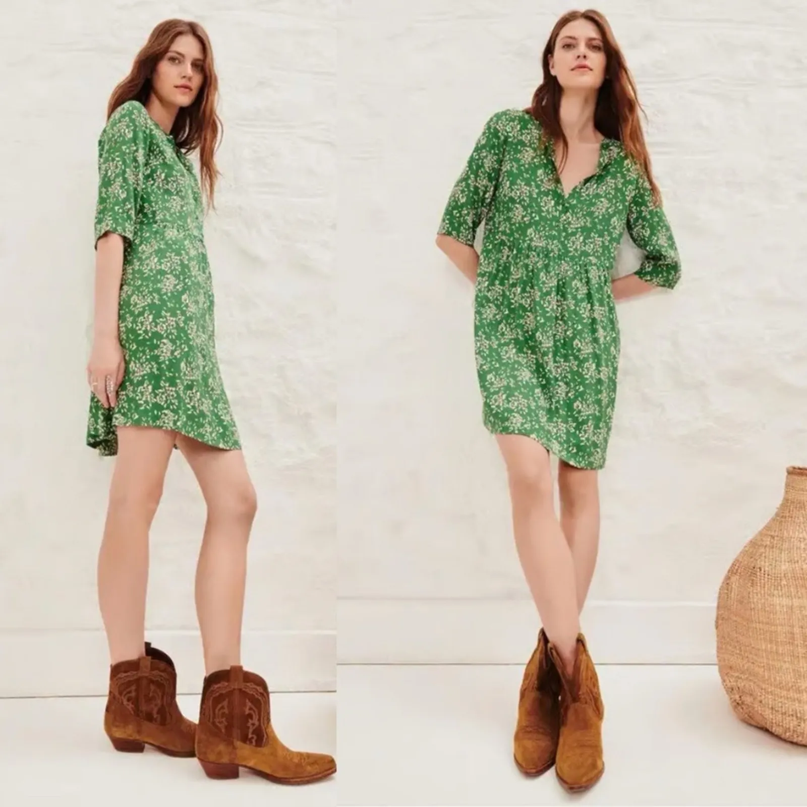 BA&SH Vlada mini dress floral green Sz Small festival boho chic babydoll style - Image 2