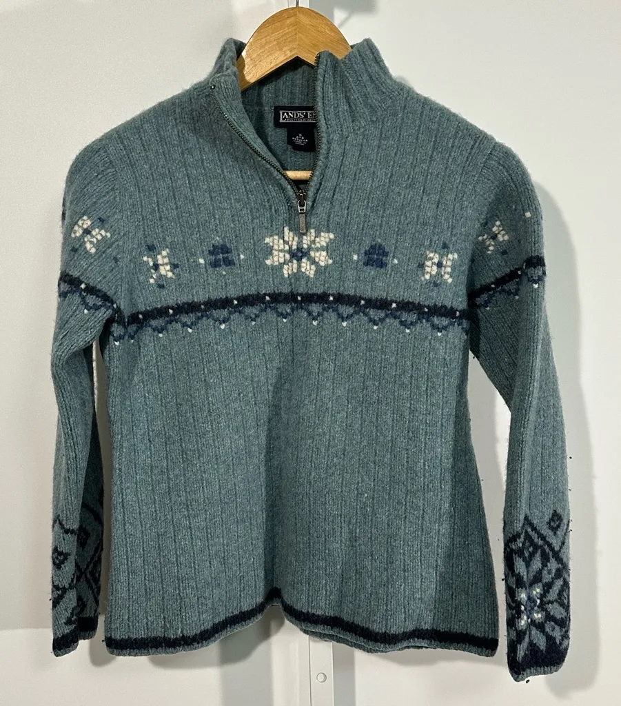 Vintage Lands’ End Wool Half Zip Sweater – Fair Isle Snowflake Knit Blue small - Image 1
