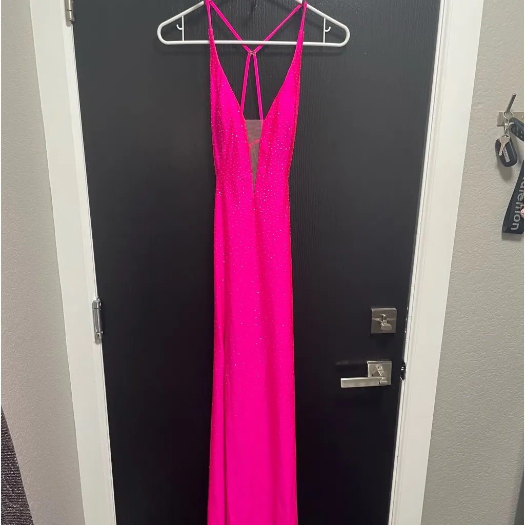 NWT La Femme Rhinestone Plunge Neck Gown Neon Pink Sz 4‎ $408 - Image 10
