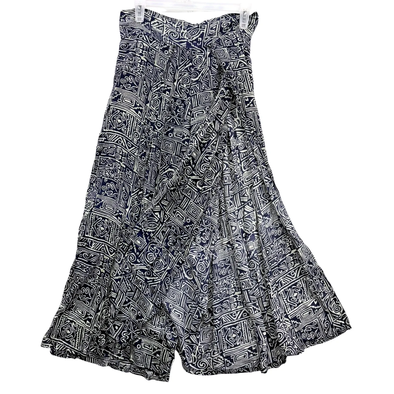 Retro Women's Boho Wide Leg Pants Smocked Rayon Flowy Artistic Geometric Size M Blue Size M - Image 3