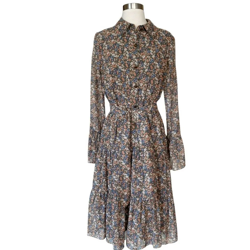 MIKAEL AGHAL Floral Shirt Dress Button Down Midi Crepe Chiffon Belt Tiered 6 NWT - Image 11