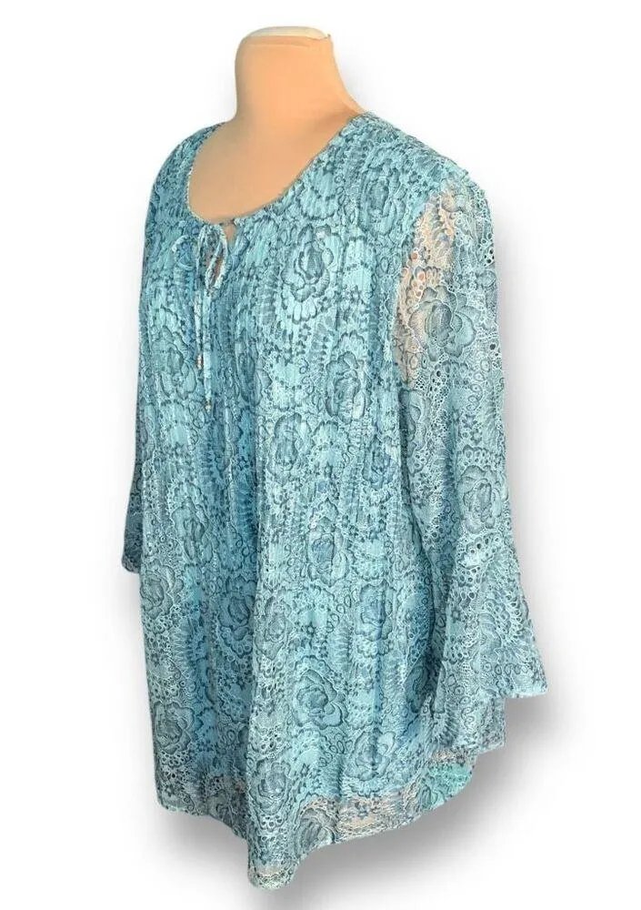 Catherines Blue Floral Lace Bell Sleeves Open Keyhole Neckline Pullover Blouse Size 3X - Image 2