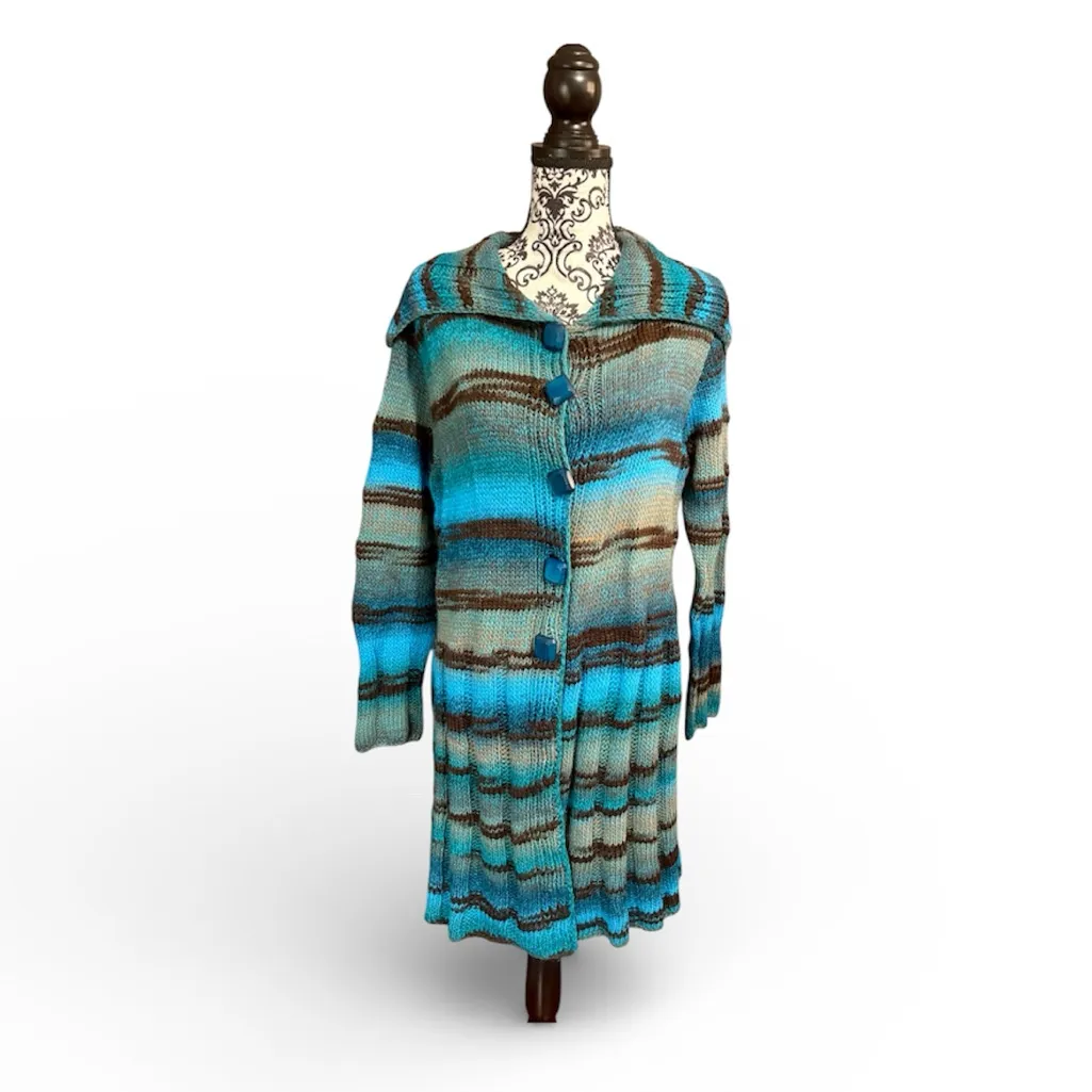 HANDMADE Striped Blue and Brown Knit Duster Size M - Image 2