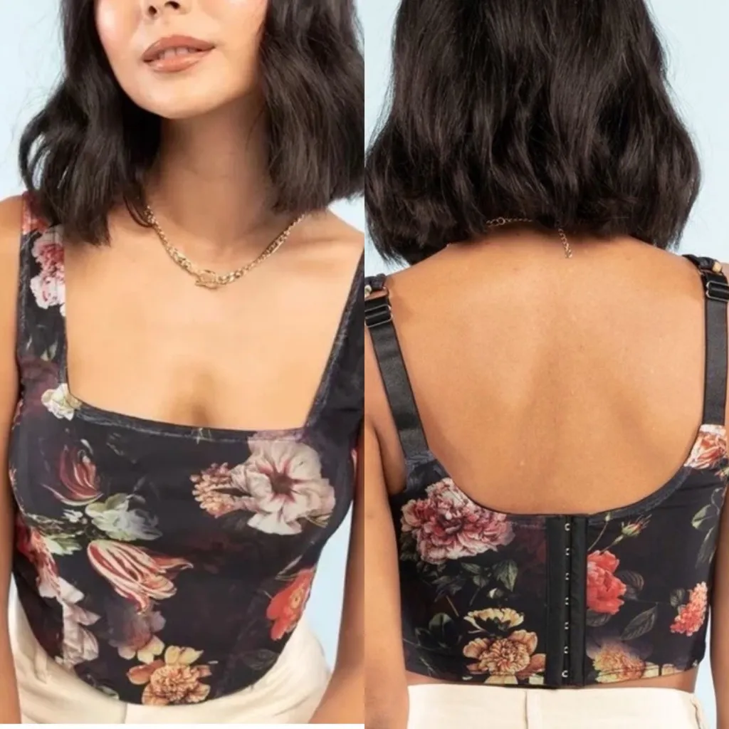 West of Melrose Floral Mesh Stretch Corset Bustier Crop XS Tillys Goth Romantic Black - Image 2