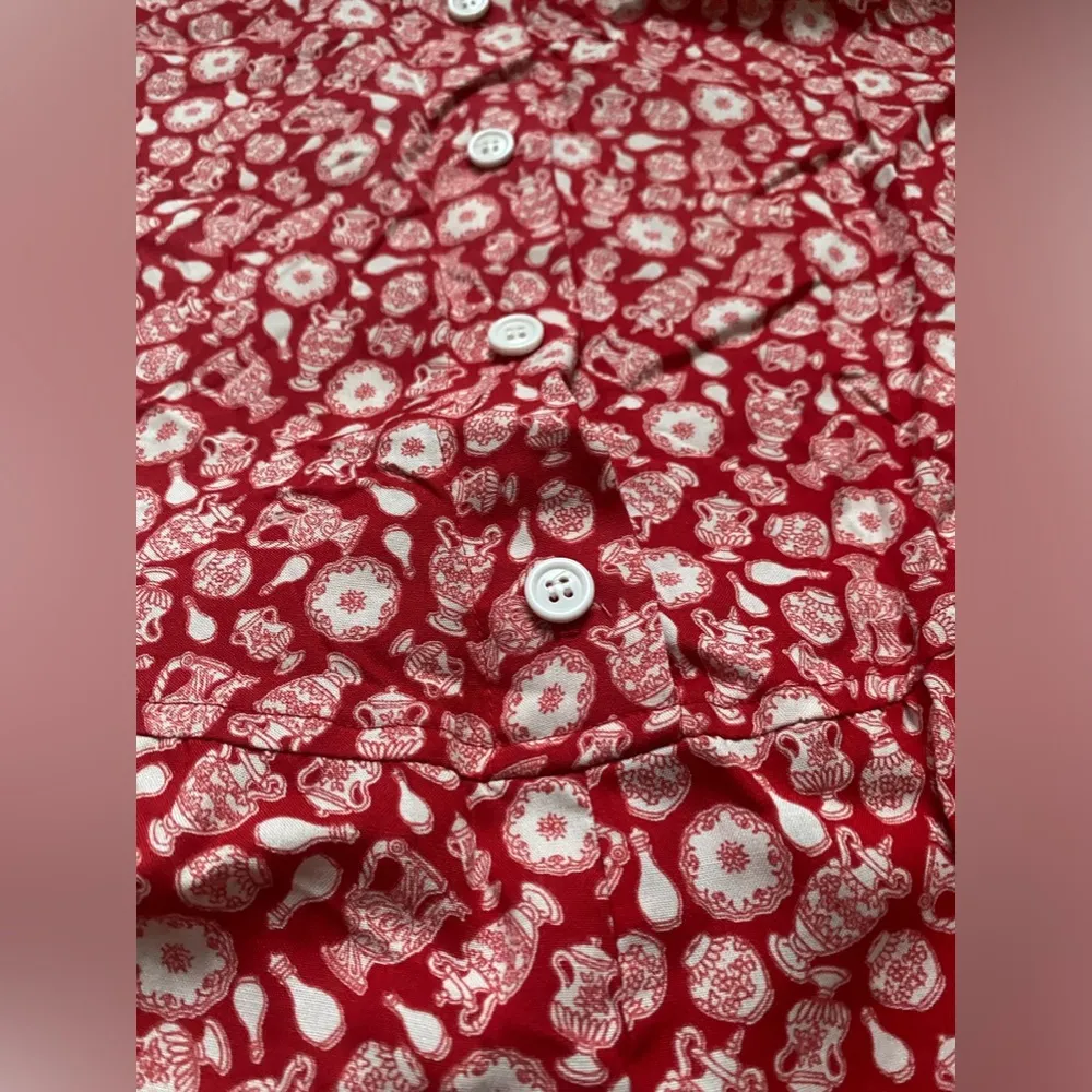 Vintage Mothers Work maternity red vase print button front romper, size small - Image 5