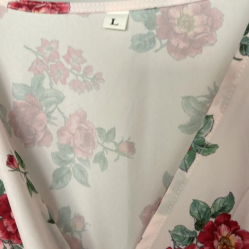 Fate dress size large like pink background with red and green floral print - Image 3