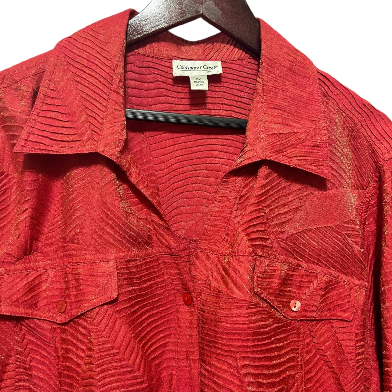 Coldwater Creek Women Button Top 2X Metallic Red Textured Leaf 3/4 Cuff Sleeve - Image 4