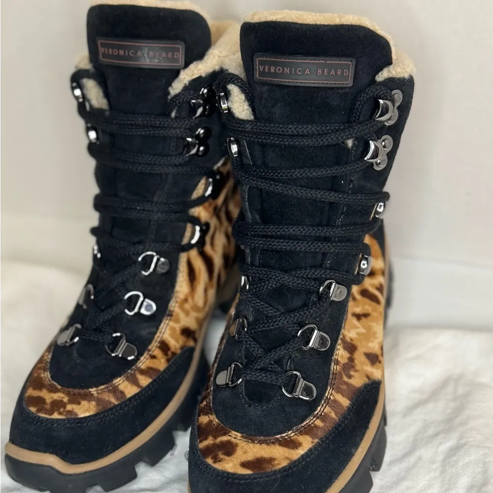 Veronica Beard Galina Leopard Print Leather Workwear Barn Boots Size 7. - Image 3