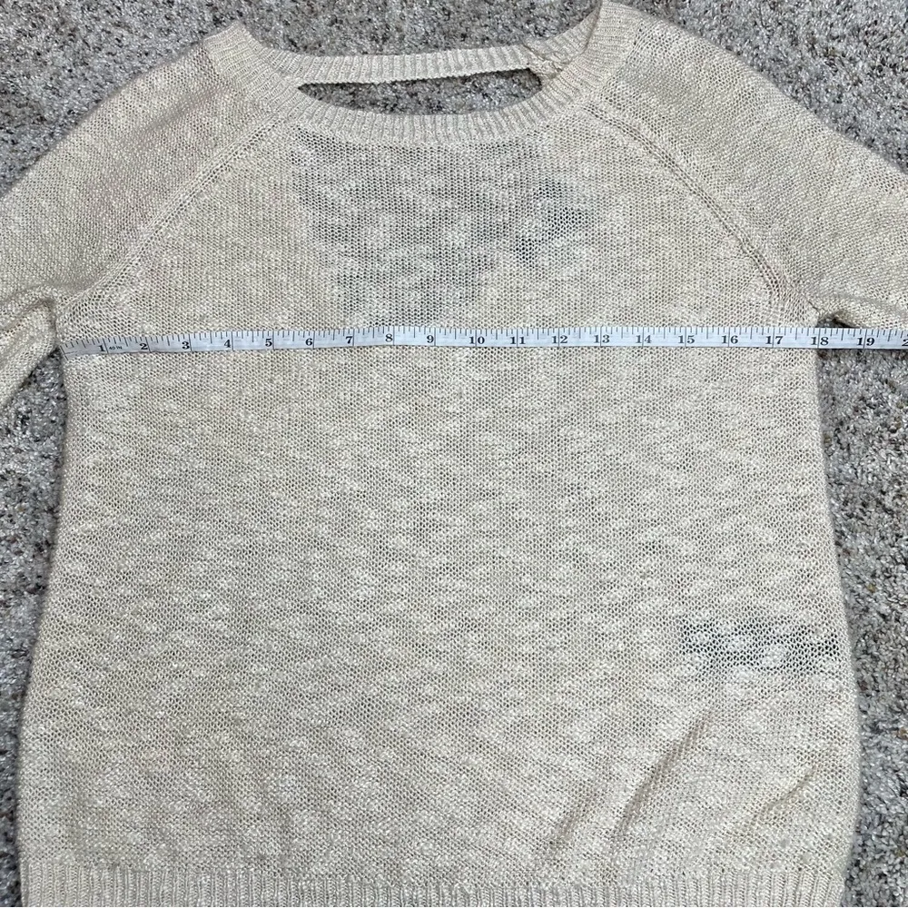 Keyhole Open Back Long Sleeve Sheer Knit Sweater in Cream Tan Small - Image 7