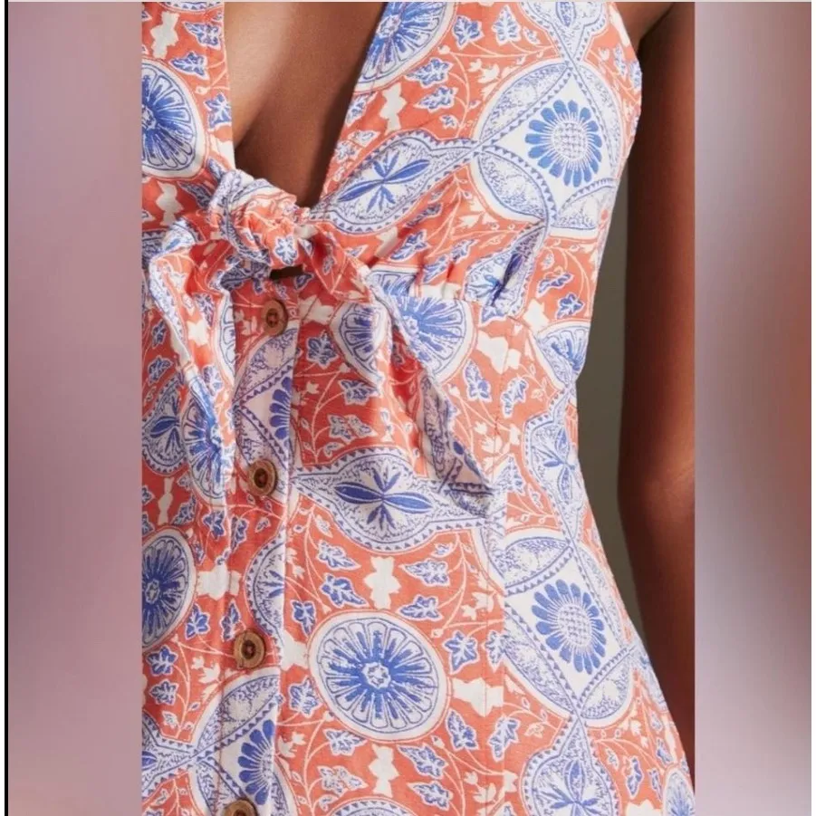 Maeve Anthropologie Halter Top Dress Coral Blue Floral Size‎ Large - Image 2