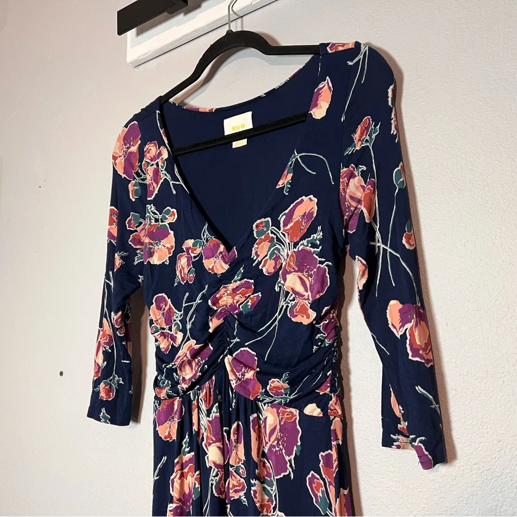 Anthropologie Maeve Midi Dress Floral Heppel Blue Purple Ruched Size Small - Image 6