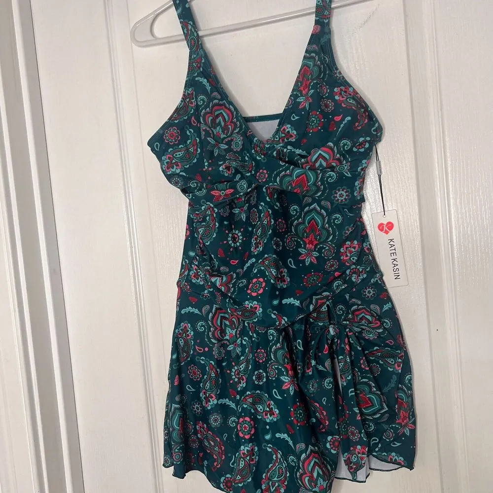 Kate Kasin Womens Swimdress Green Floral V - Image 3