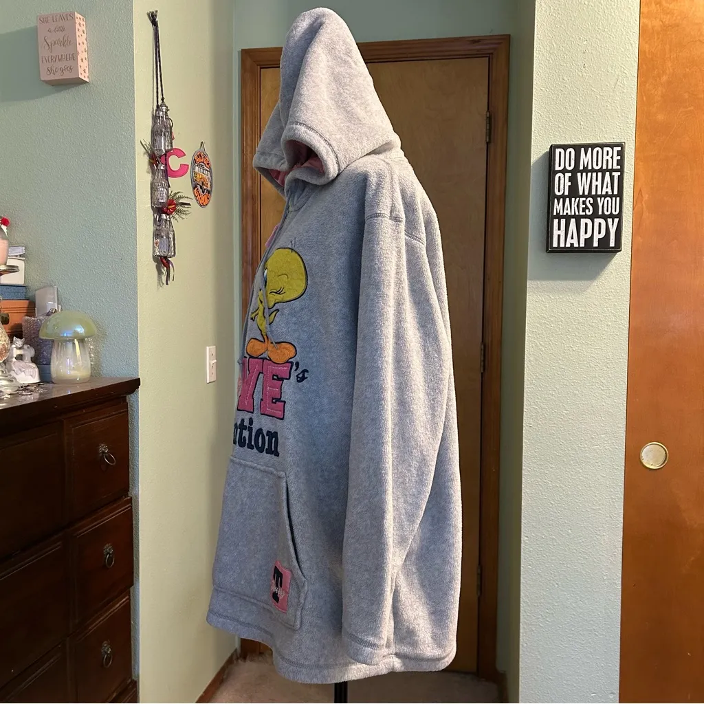 Looney Tunes vintage 90s Y2K Tweety gray fleece 1/4 zip pullover hoodie 2X - Image 4