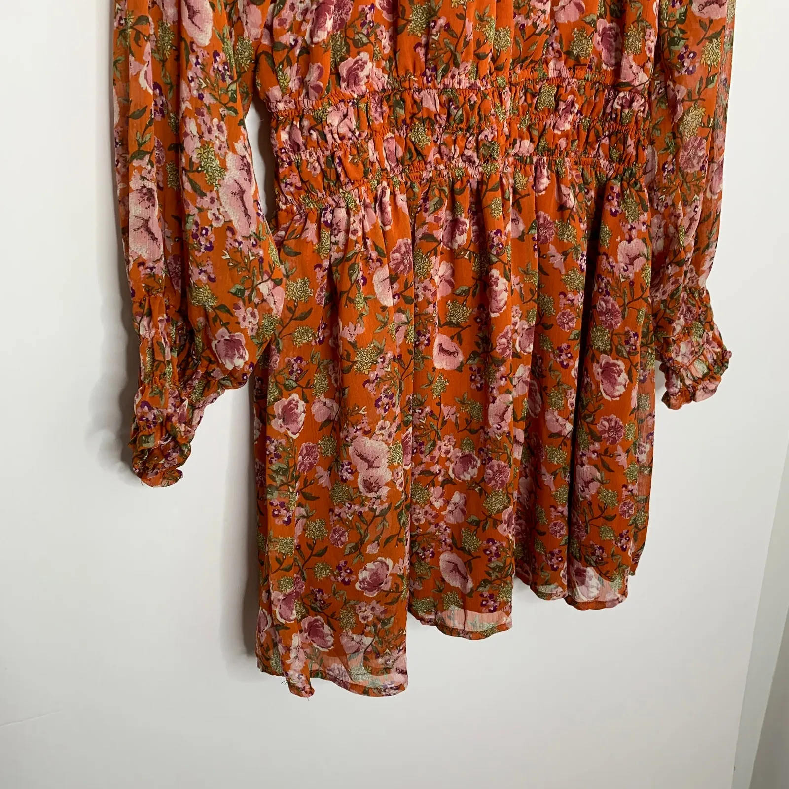 En Saison Smocked Floral Print Mini Dress In Orange Multi Womens Large - Image 11