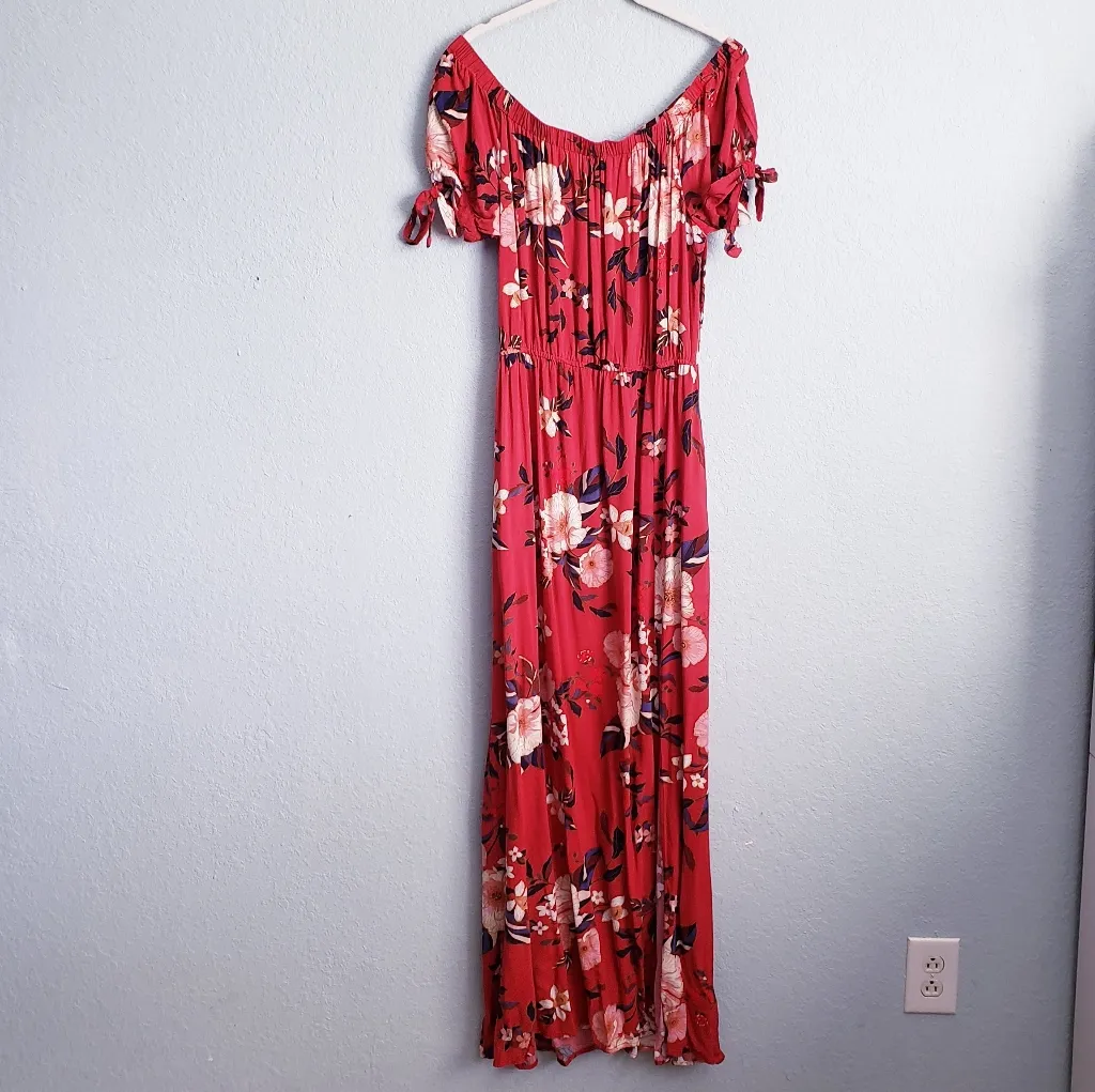 Band Of Gypsies Red Floral Off Shoulder Maxi Dress - Image 2
