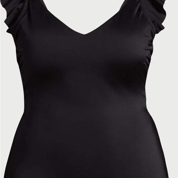 Time and Tru Women's and Girls' Solid Ruffle Sleeve One Piece Swimsuit, Size S Black - Image 4
