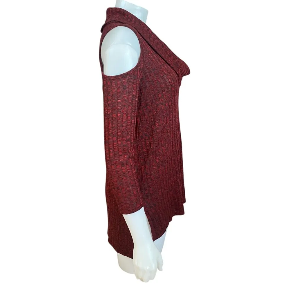 Moa Moa women's medium burgundy open shoulder cowl neck stretchy ribbed sweater - Image 3