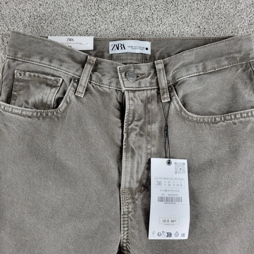 Zara The Straight Cropped Womens Jeans US 4 / EU 36 Khaki Med Wash Mid Rise New - Image 4