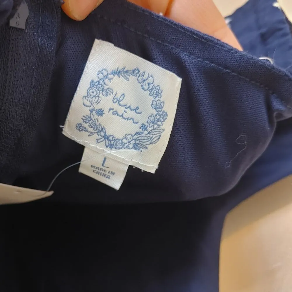 Blue Rain Size Large L Navy Blue White Eyelet Short Dress Summer Floral Wedding - Image 7