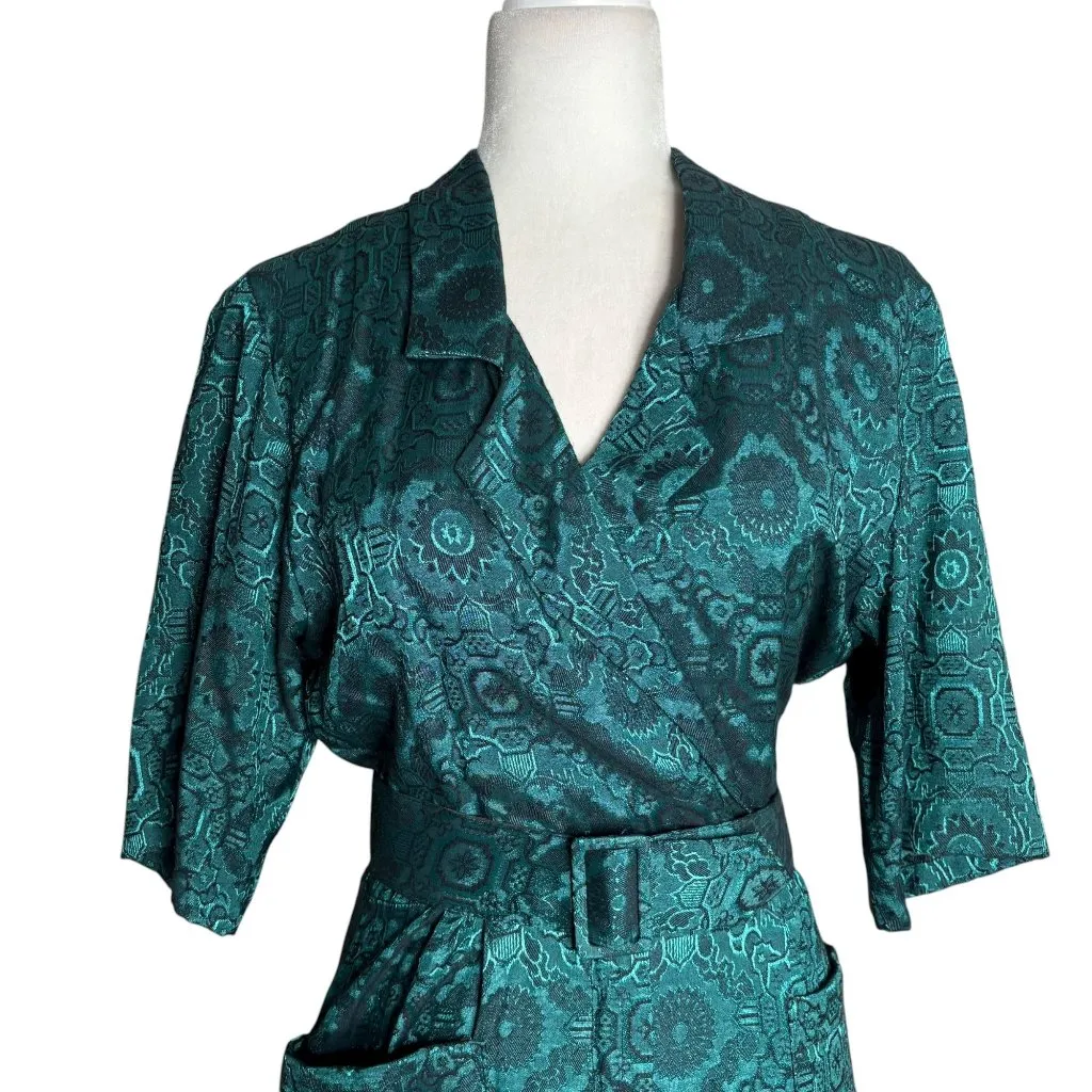 Vintage 90s All That Jazz Satin Wrap Dress XSmall Teal Black Belted Pockets - Image 2