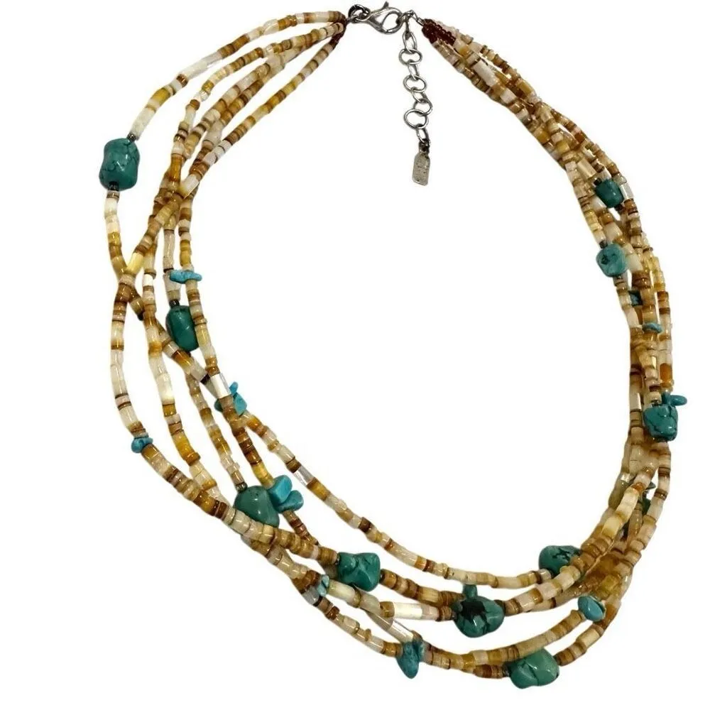 Peyote Bird 5 Strand Turquoise yellow beaded Bead Necklace sterling clasp Blue - Image 11