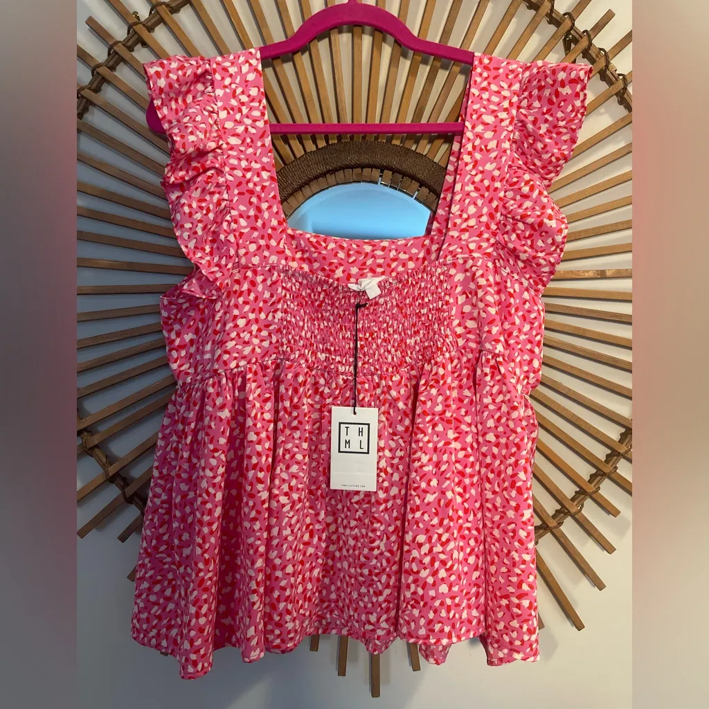 Women’s THML Sleeveless Ruffle Trim Square Neck Smocked Back Top Pink L NWT Boho - Image 7